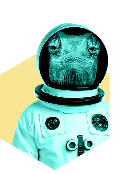 Rodkjærs kamæleon i astronautkostume